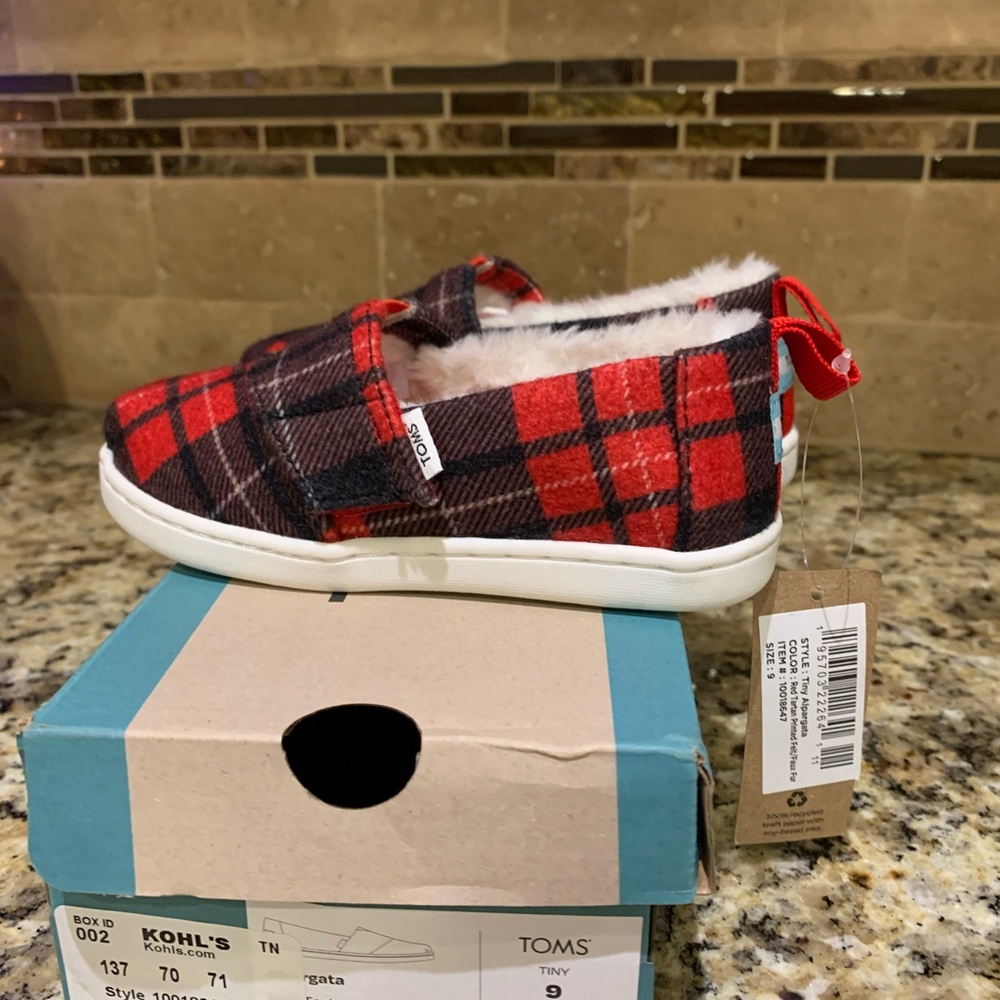 Toms Alpargata Red Tartan Print Felt/Faux Fur Slip-On Shoes